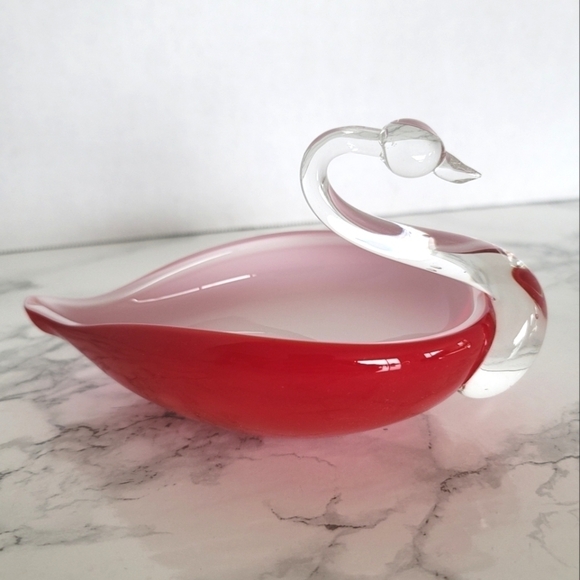 Glass Art Swan Red White Clear Figurine Dish Decorative - Picture 1 of 8